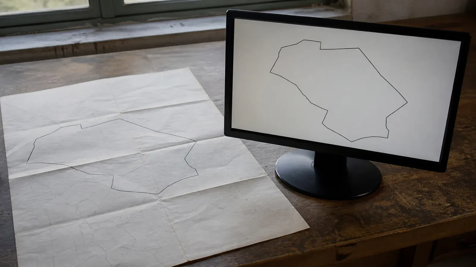 A surveyed farm boundary drawn on a folded paper cadastral map, lying beside a screen showing the same boundary as a plotted outline