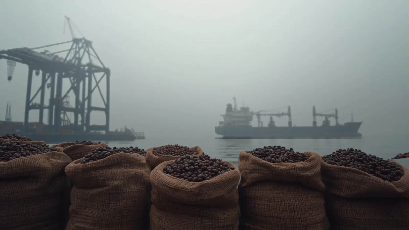 Sacks of raw agricultural commodities stacked on a European quayside at dawn, with container cranes and a moored cargo ship behind them