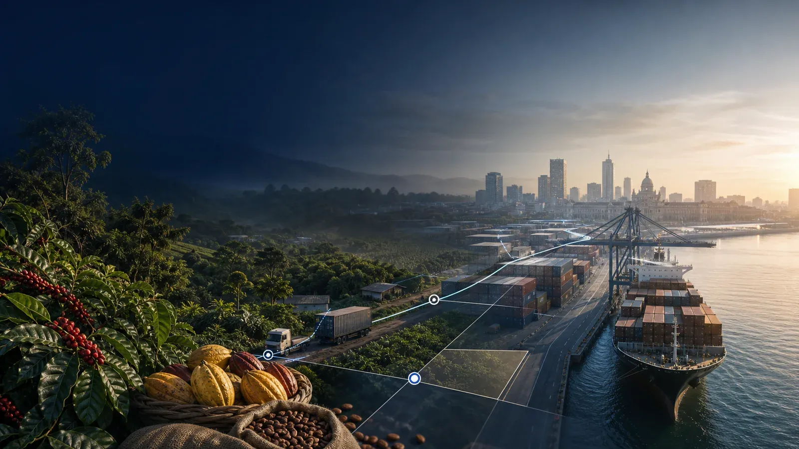 Coffee and cocoa production connected by a traceability route to freight moving through a European port