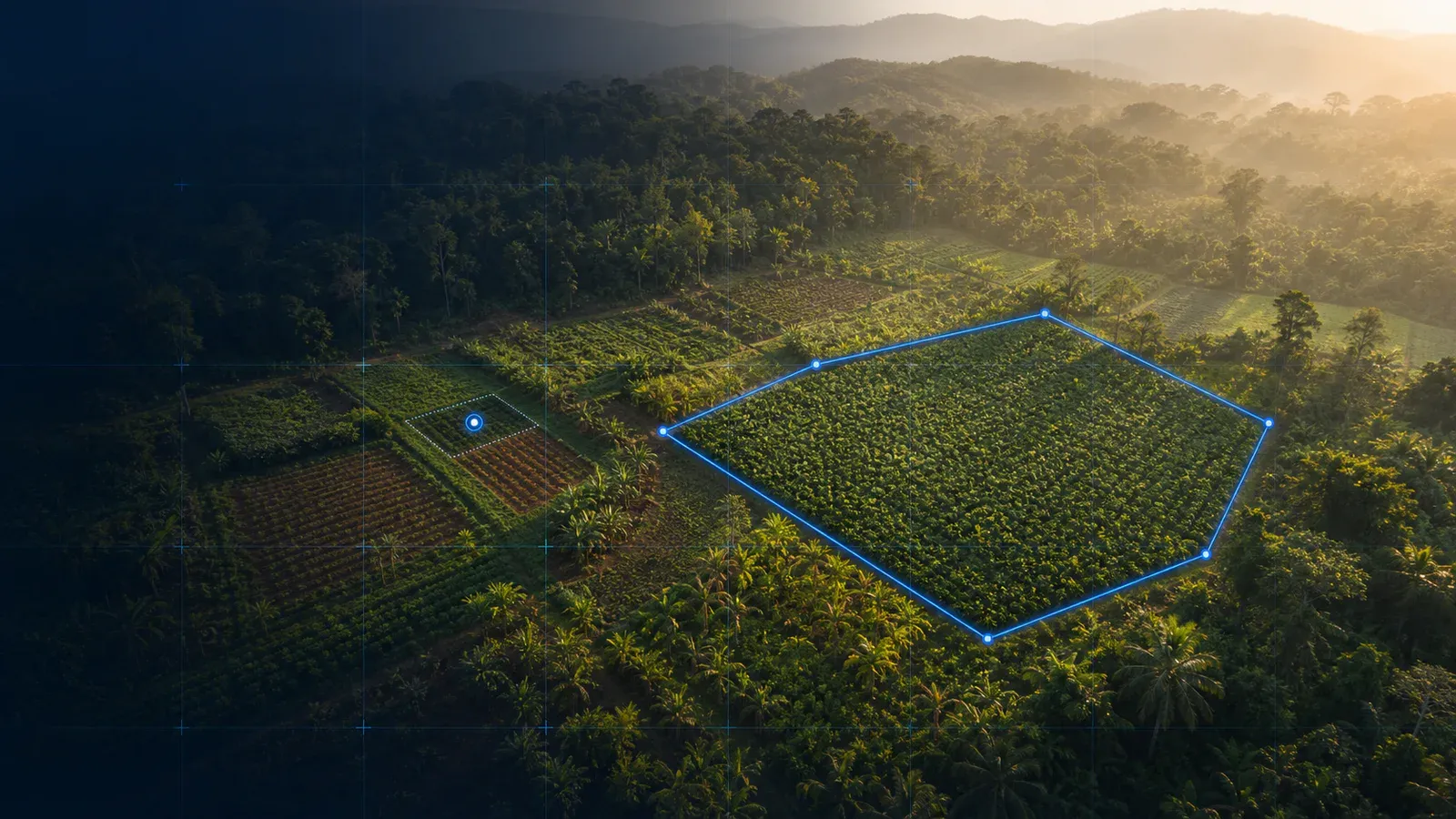 Aerial agricultural plots showing a point marker on a small field and a polygon boundary around a larger field